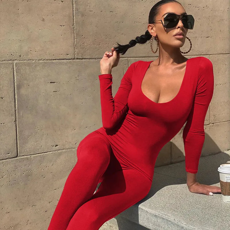 Long Sleeve Slash Neck Skinny Jumpsuits