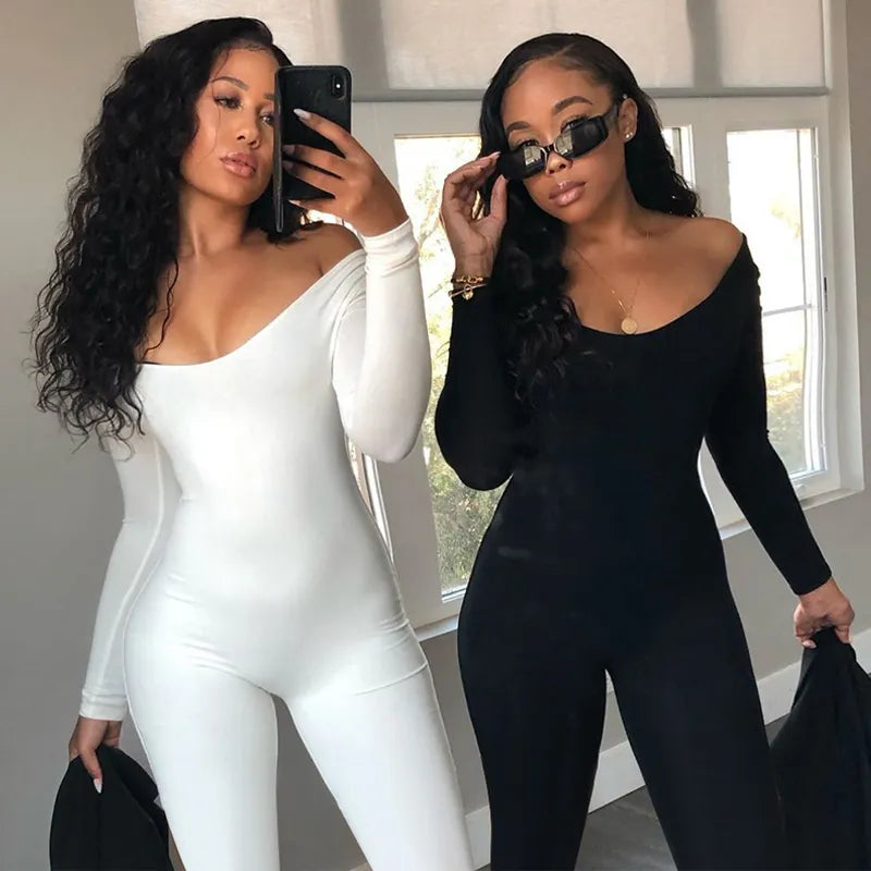 Long Sleeve Slash Neck Skinny Jumpsuits