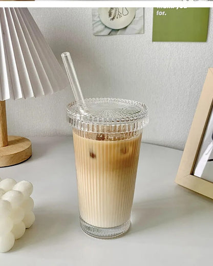 375Ml Simple Stripe Glass Cup With Lid and Straw