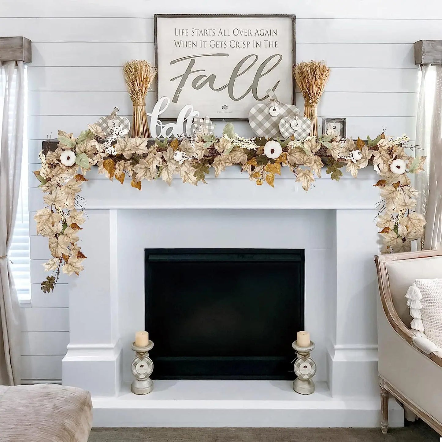 Farmhouse Fall Autumn Maples Leaf and Pumpkin Fireplace Decorations