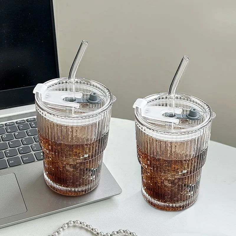 Coffee Glass Cup With Lid and Straw