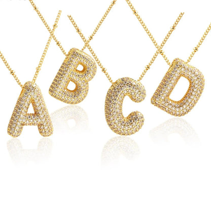 Diamond Gold Plated Bubble Initial Pendant Necklaces