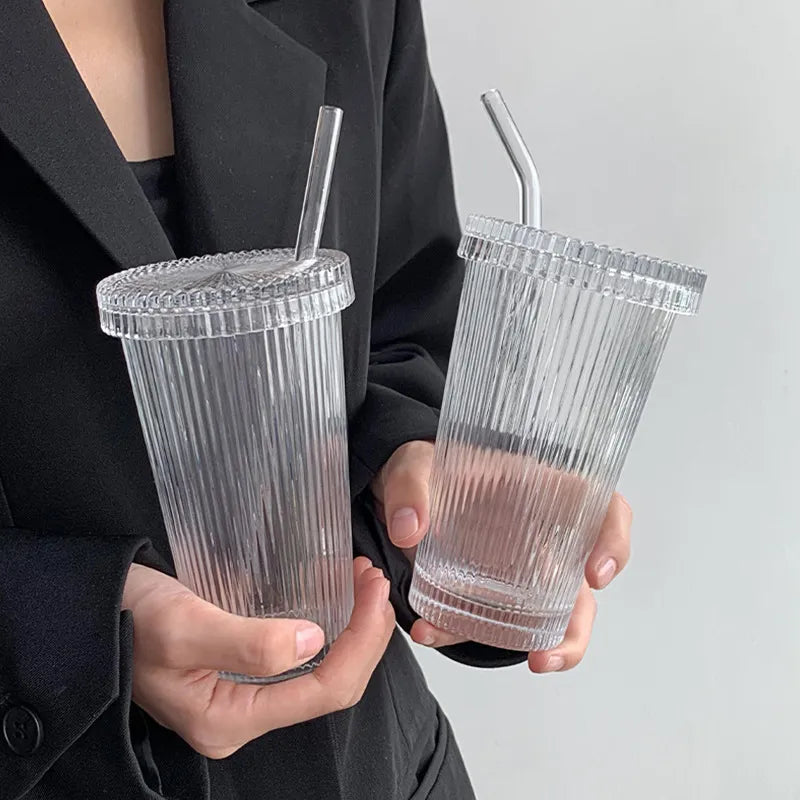 375Ml Simple Stripe Glass Cup With Lid and Straw