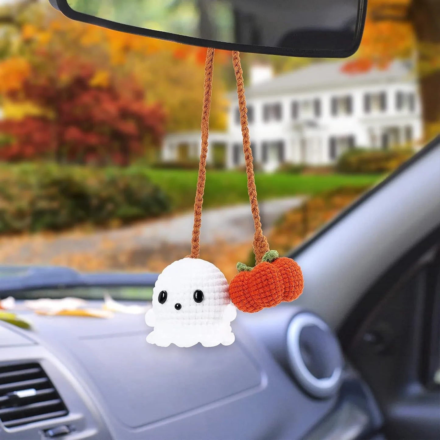 Crochet Pumpkin and Boo Car Accessories