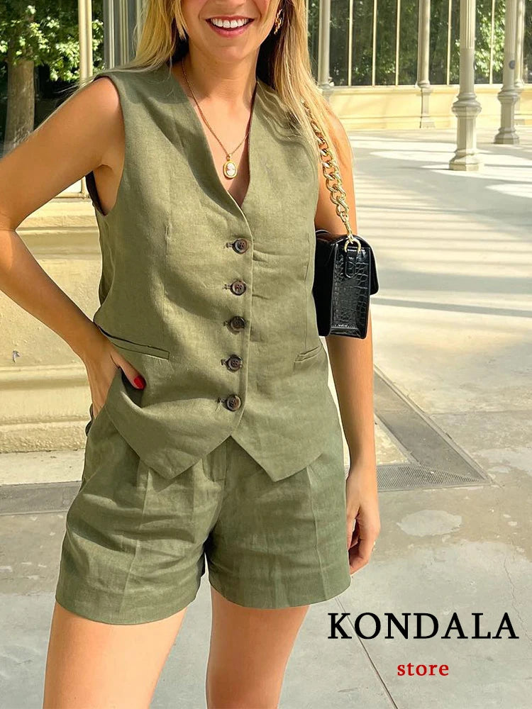 Linen V-Neck Button Vest + High Waist Shorts Set