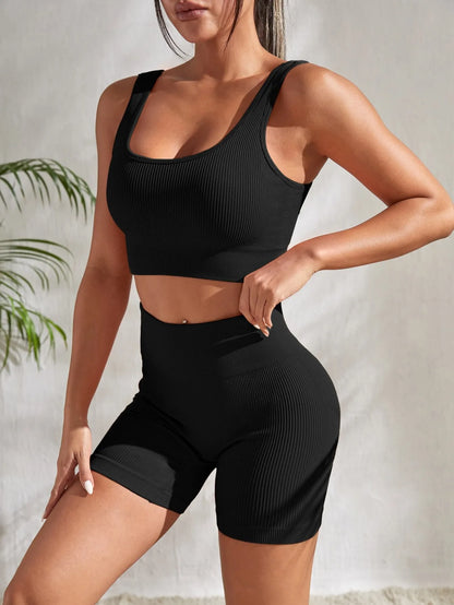 Seamless Ribbed 2 Piece Workout Set Shorts And Crop Top