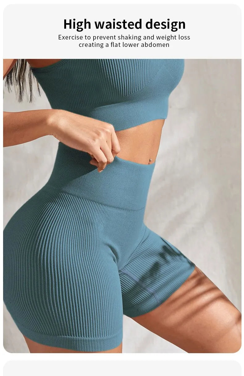 Seamless Ribbed 2 Piece Workout Set Shorts And Crop Top