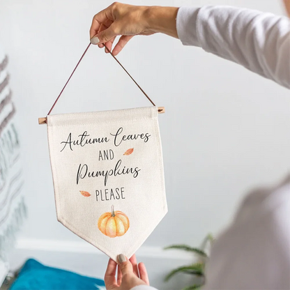 Autumn Leaves Pumpkins Please Linen Style Hanging Flag