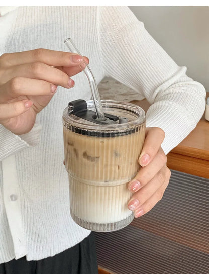 Coffee Glass Cup With Lid and Straw