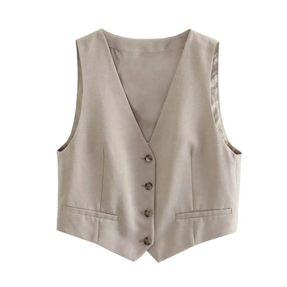 Linen V-Neck Button Vest + High Waist Shorts Set