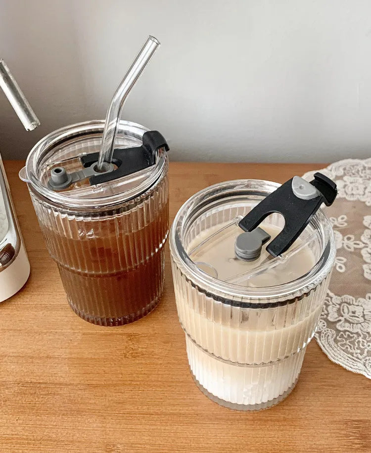 Coffee Glass Cup With Lid and Straw