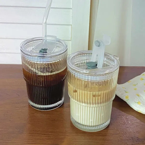 Coffee Glass Cup With Lid and Straw