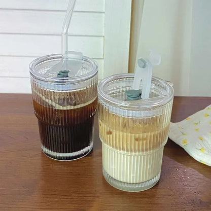 Coffee Glass Cup With Lid and Straw