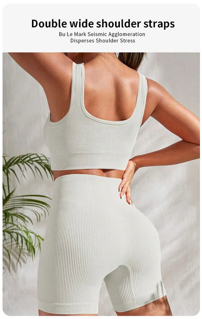 Seamless Ribbed 2 Piece Workout Set Shorts And Crop Top