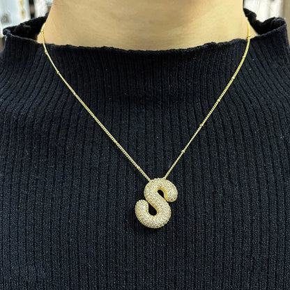 Diamond Gold Plated Bubble Initial Pendant Necklaces