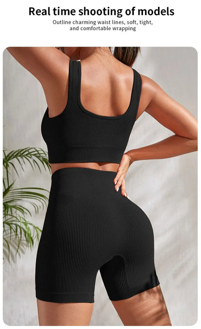 Seamless Ribbed 2 Piece Workout Set Shorts And Crop Top