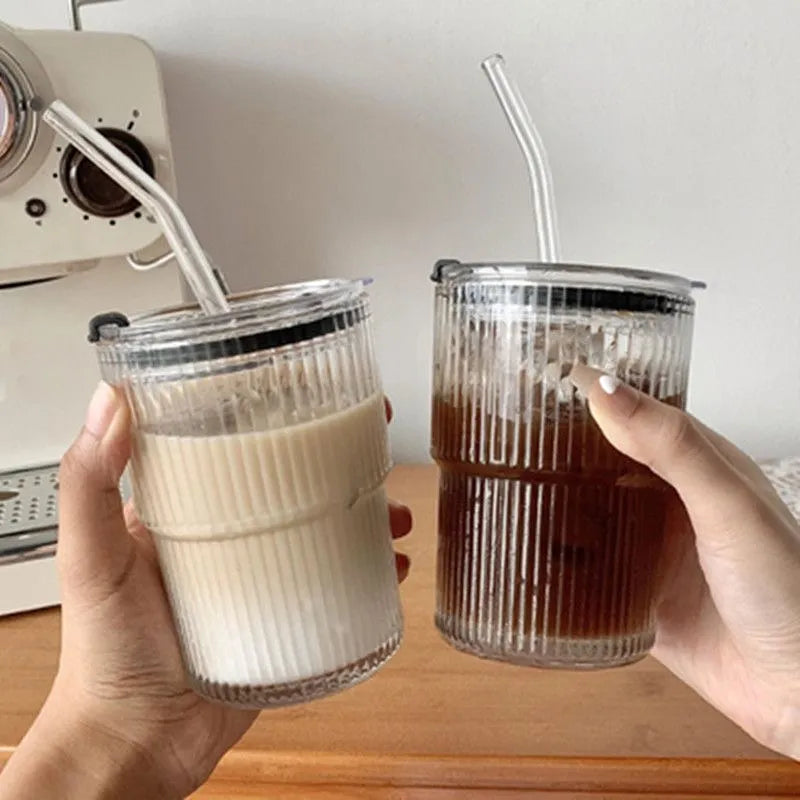 Coffee Glass Cup With Lid and Straw