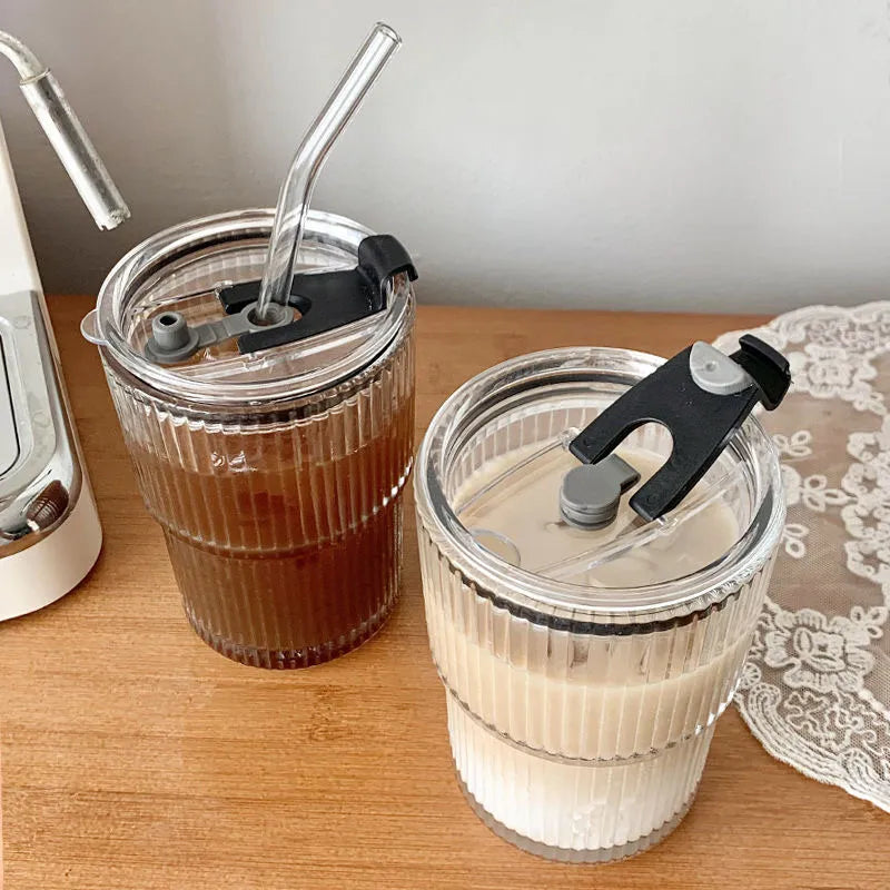 Coffee Glass Cup With Lid and Straw