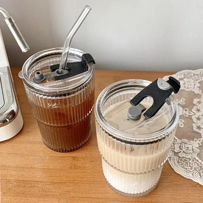 Coffee Glass Cup With Lid and Straw