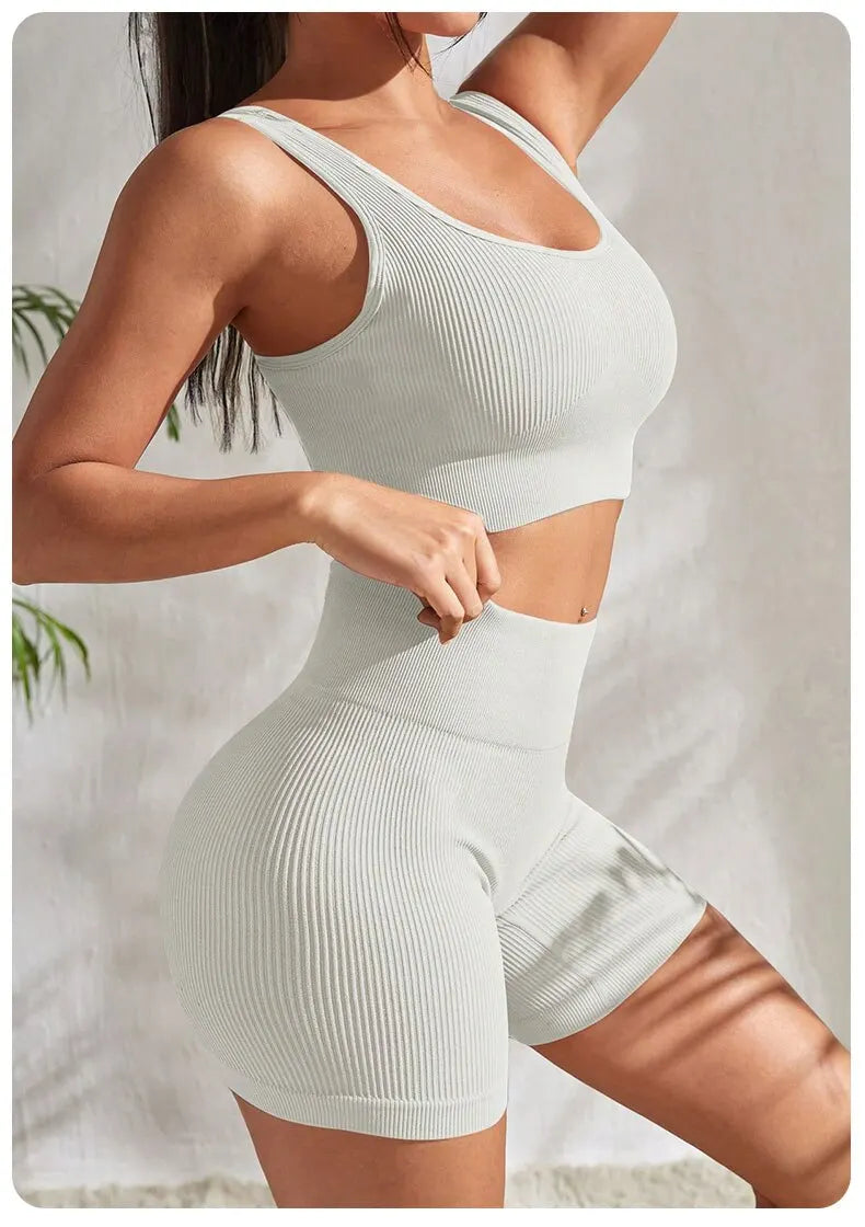 Seamless Ribbed 2 Piece Workout Set Shorts And Crop Top