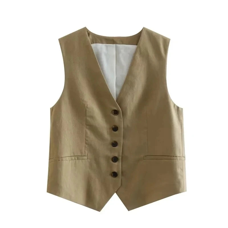 Linen V-Neck Button Vest + High Waist Shorts Set