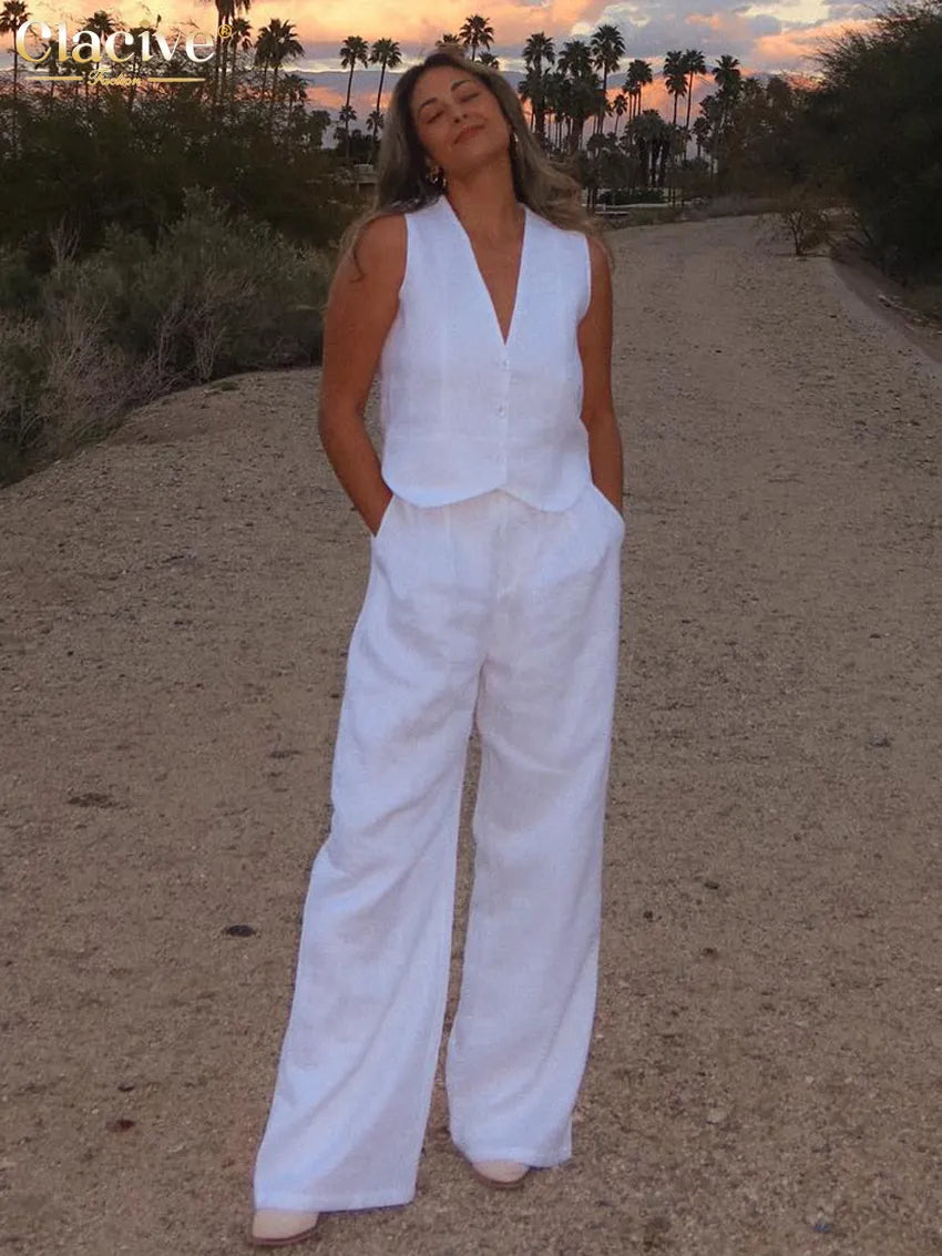 White Linen Sleeveless Tank Top And High Waist Pants