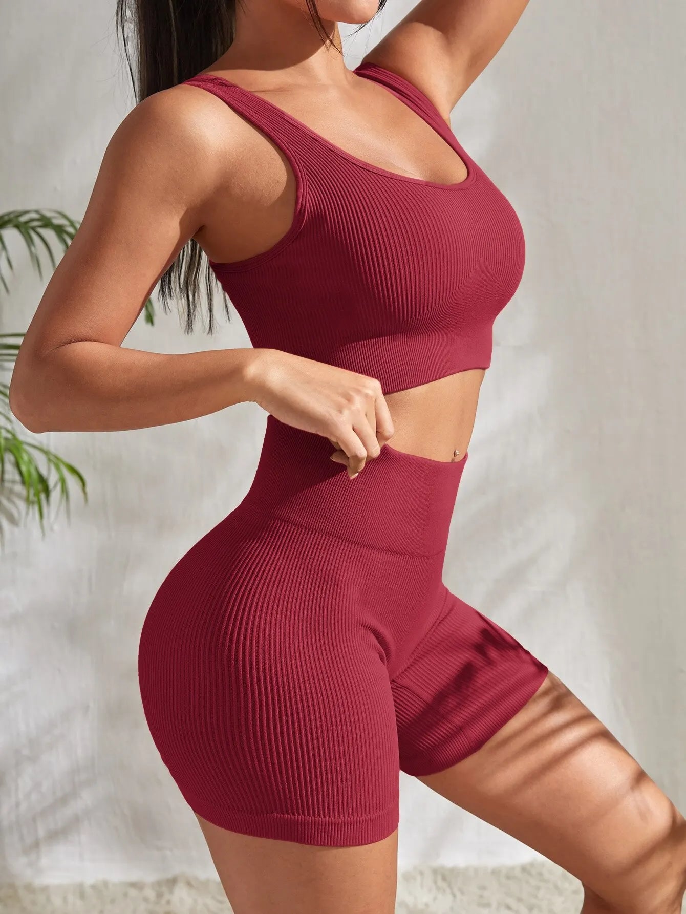 Seamless Ribbed 2 Piece Workout Set Shorts And Crop Top