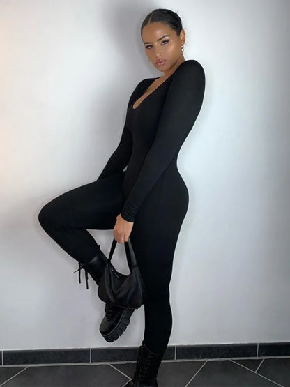 Long Sleeve Slash Neck Skinny Jumpsuits