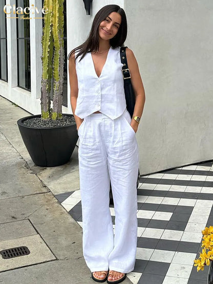 White Linen Sleeveless Tank Top And High Waist Pants