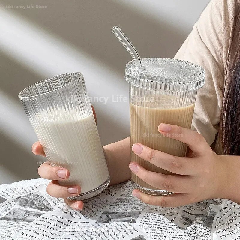 375Ml Simple Stripe Glass Cup With Lid and Straw