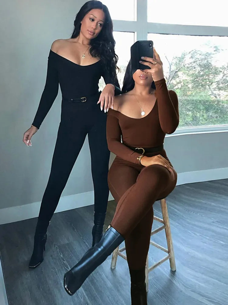 Long Sleeve Slash Neck Skinny Jumpsuits