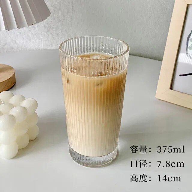 375Ml Simple Stripe Glass Cup With Lid and Straw