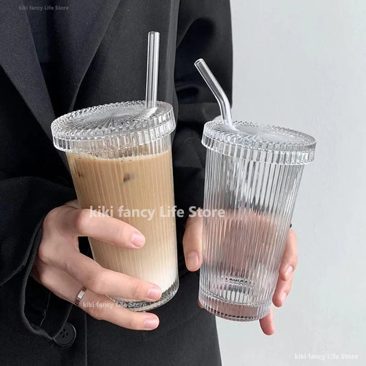 375Ml Simple Stripe Glass Cup With Lid and Straw