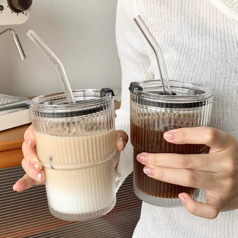 Coffee Glass Cup With Lid and Straw