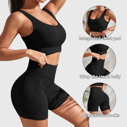 Seamless Ribbed 2 Piece Workout Set Shorts And Crop Top