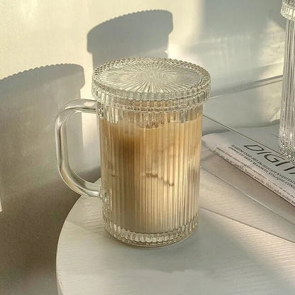 375Ml Simple Stripe Glass Cup With Lid and Straw