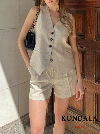 Linen V-Neck Button Vest + High Waist Shorts Set